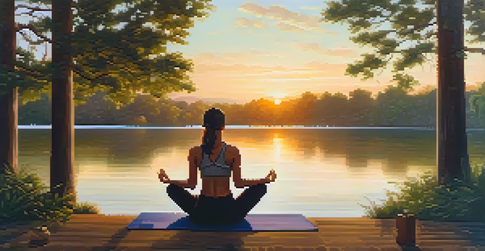 An athlete meditating on a yoga mat by a lake at sunset, surrounded by trees and greenery.