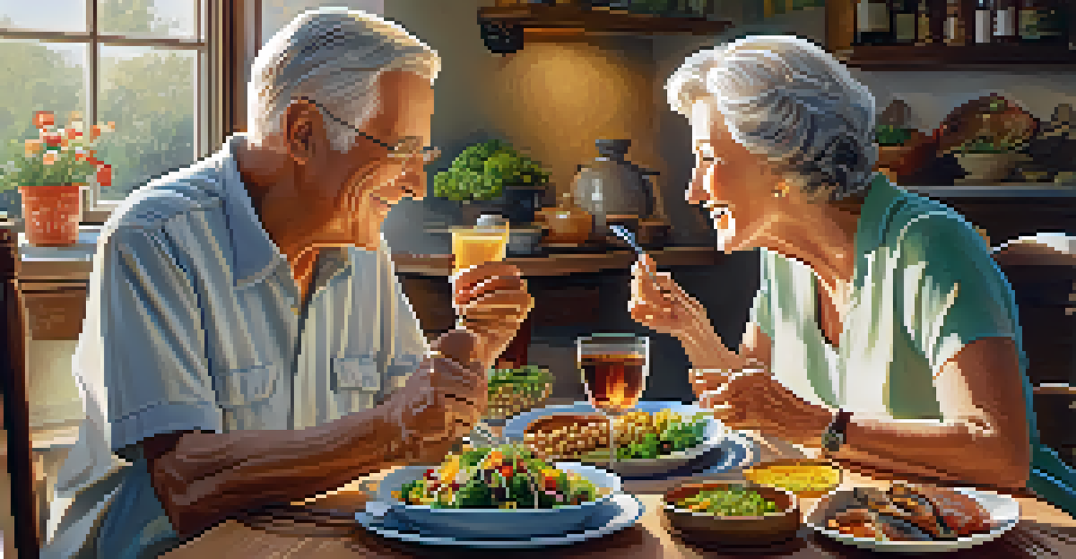 An elderly couple sharing a healthy meal at a dining table, surrounded by vibrant dishes.