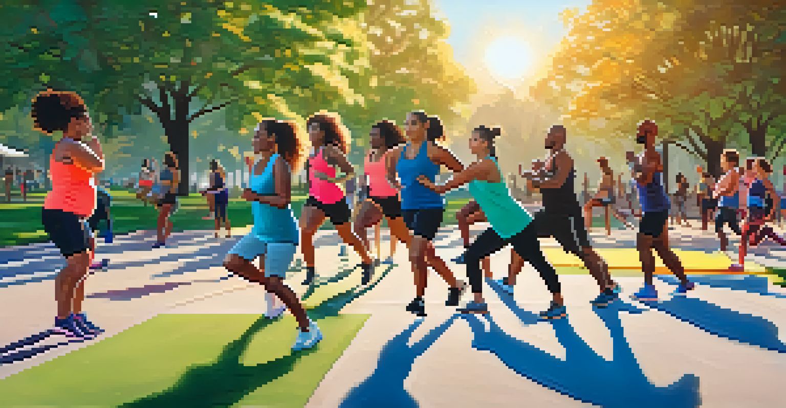 A diverse group of people exercising in a park during sunset, participating in an outdoor workout class.