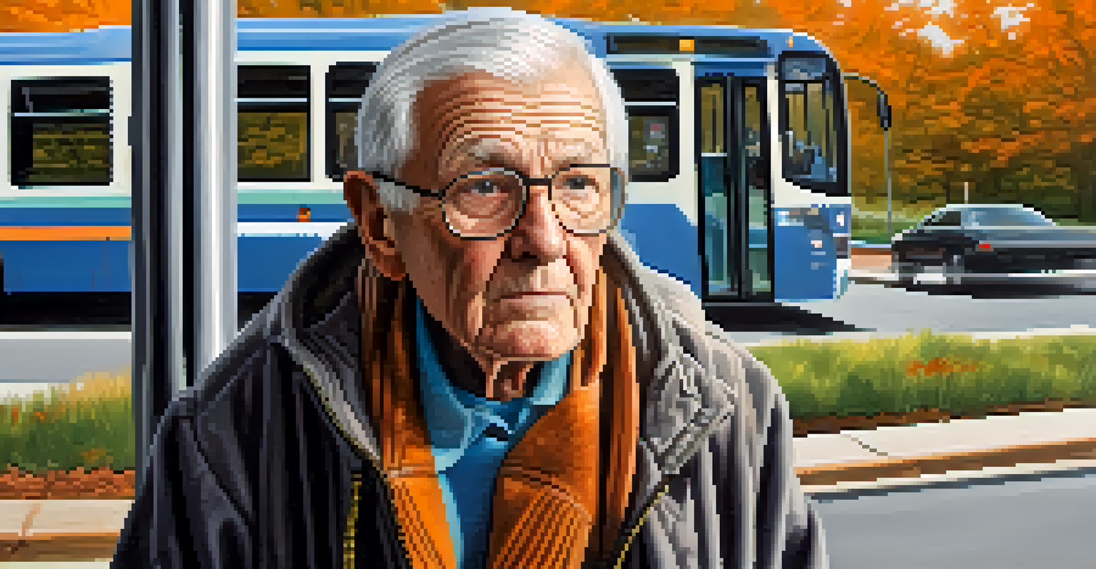 A senior citizen looking at a bus schedule at a stop, with a bus arriving in the background, symbolizing the importance of public transport for health access.