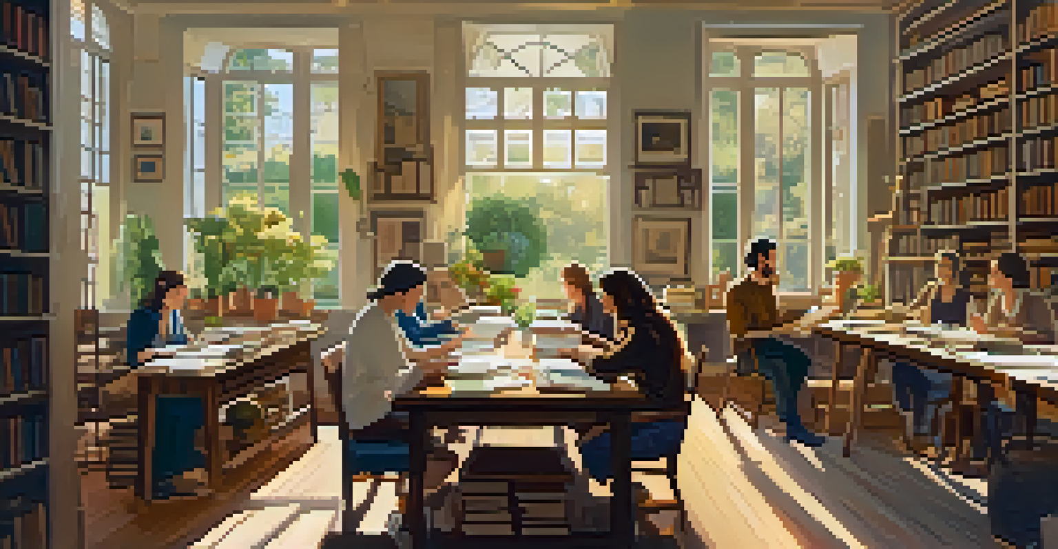 A sunlit room filled with participants engaged in a writing retreat, surrounded by notebooks and a view of a lush garden.