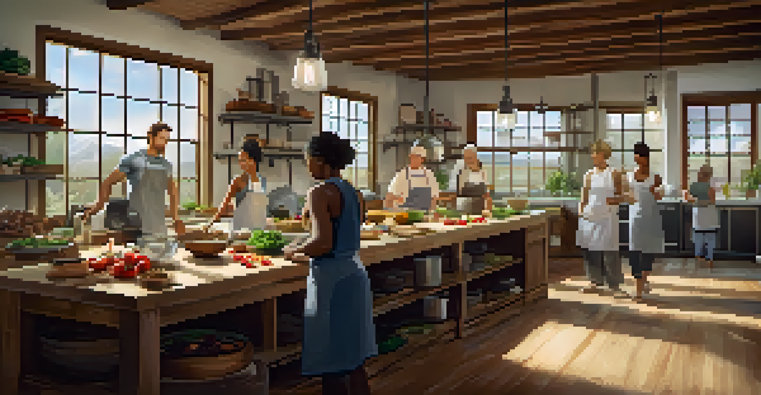 A cooking workshop at a fitness retreat with participants learning about nutrition in a rustic kitchen filled with fresh ingredients.