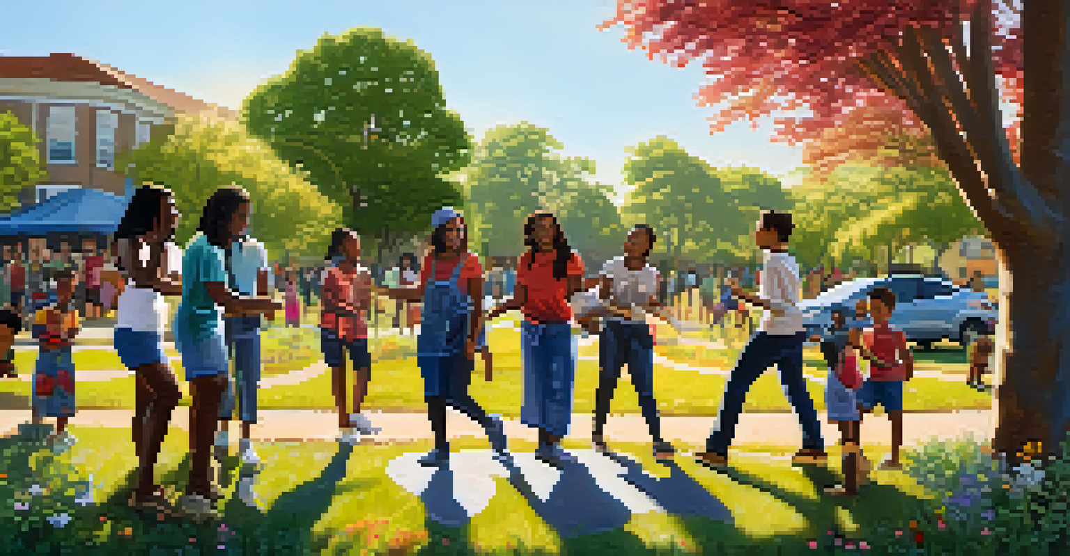 A diverse group of people in a community park planting trees and flowers together, smiling and collaborating under the bright sun.
