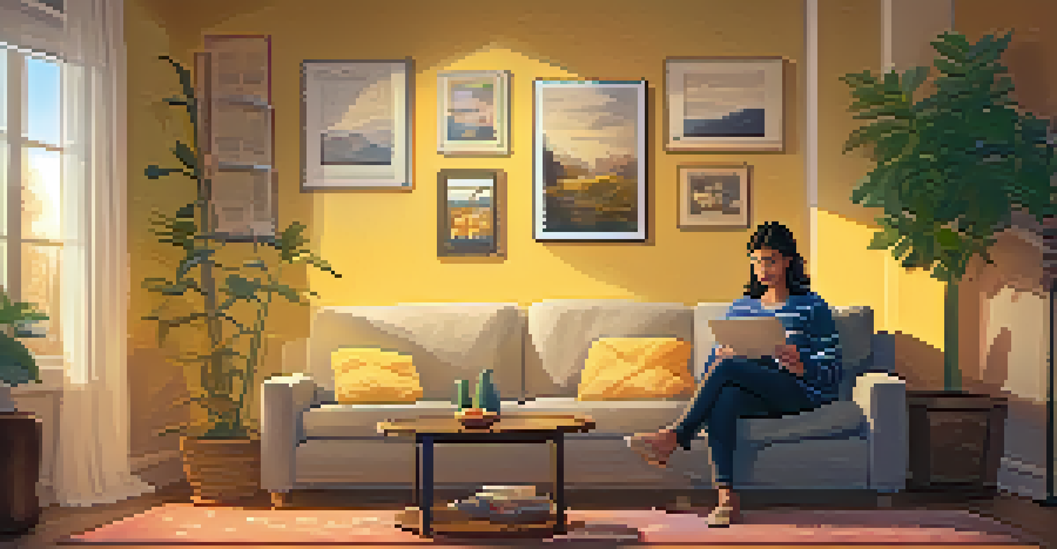 A person sitting on a sofa in a warm living room, looking at a budget plan on a tablet.