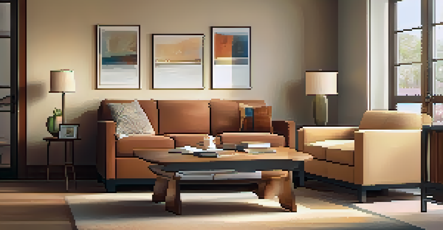 A warm and inviting therapy office with a sofa, coffee table, and calming decor.
