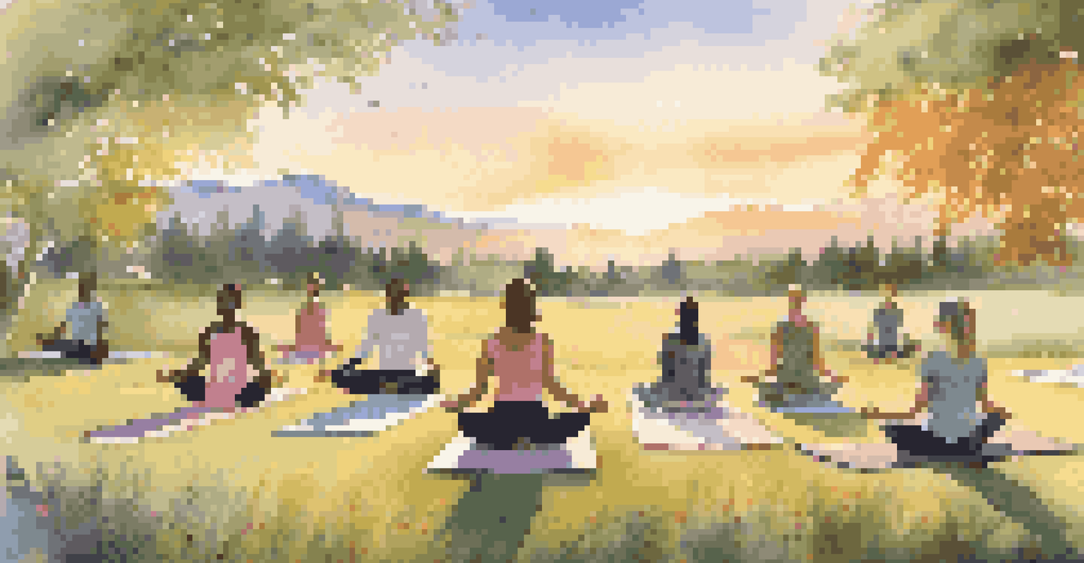 A diverse group practicing yoga outdoors at sunrise in a peaceful natural setting.