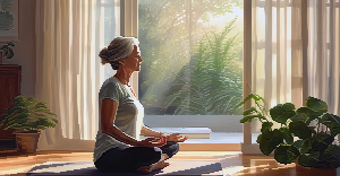 A middle-aged woman practicing yoga in a bright room filled with plants, exuding peace and calmness.