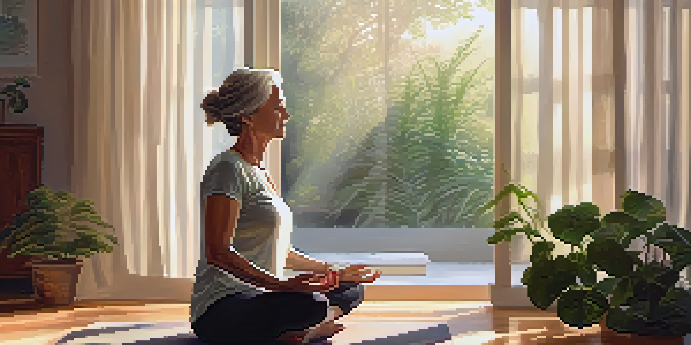 A middle-aged woman practicing yoga in a bright room filled with plants, exuding peace and calmness.