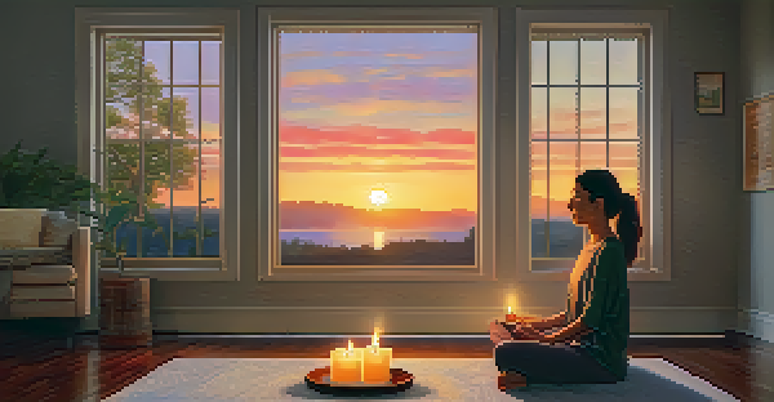 A person practicing mindfulness in a cozy living room, sitting cross-legged on a rug with lit candles and a sunset view outside.