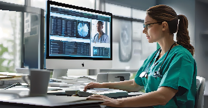 A healthcare professional reviewing electronic health records on a computer in a well-lit office.