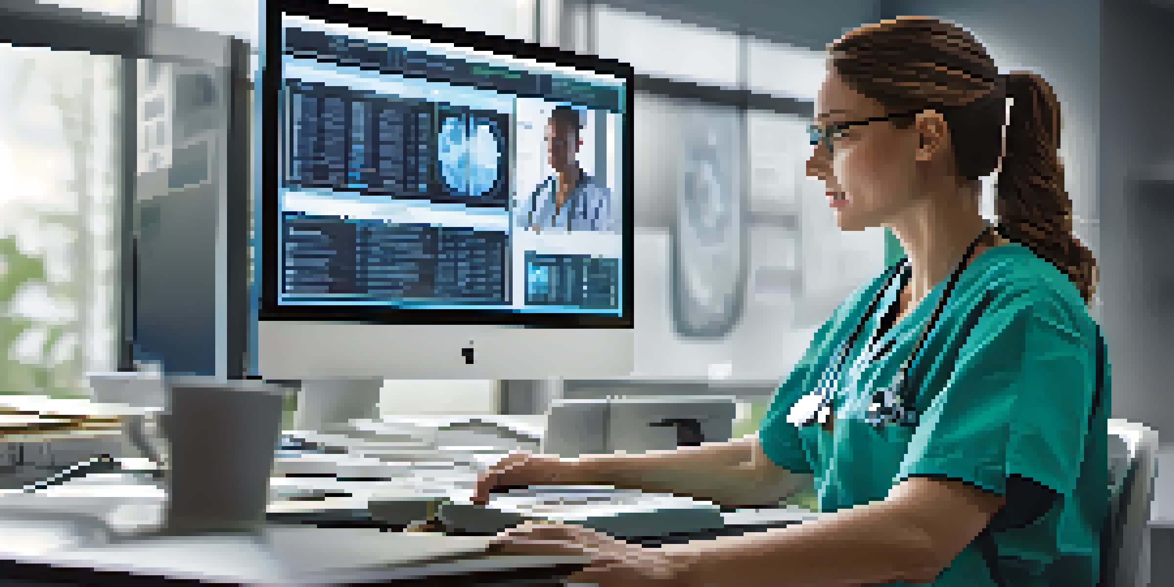 A healthcare professional reviewing electronic health records on a computer in a well-lit office.