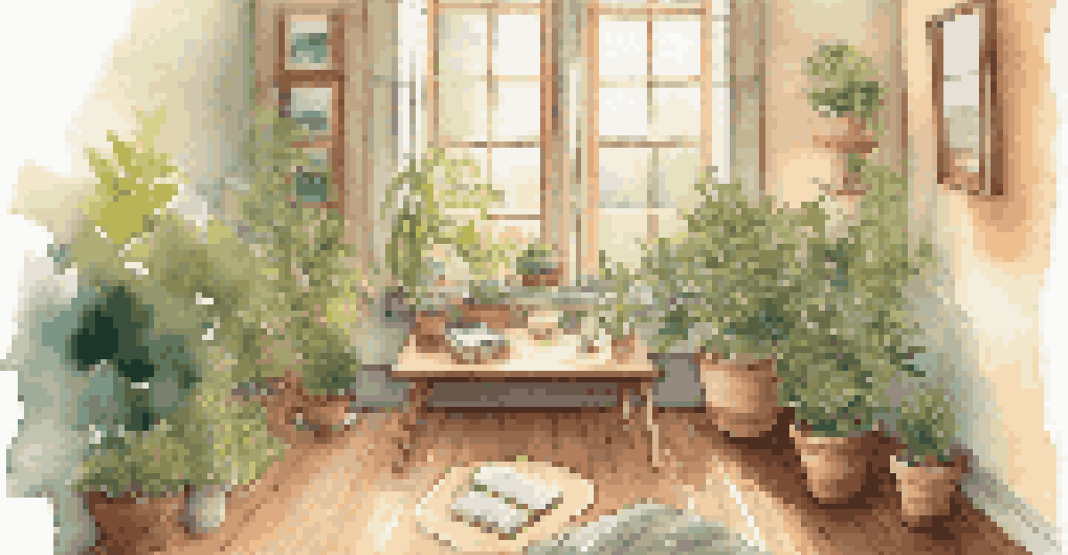 A cozy meditation space with a cushion, plants, natural light, a candle, and a journal, featuring calming colors.