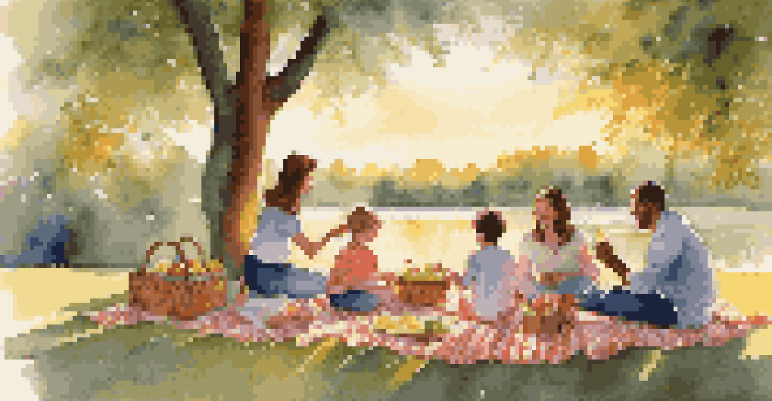 A family having a joyful picnic in a park, surrounded by nature, sharing food and laughter during sunset.