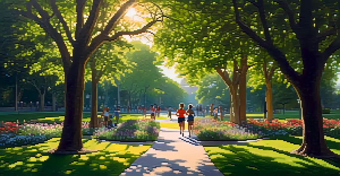 A diverse group of people jogging in a park during sunset, with trees and flowers in the background.