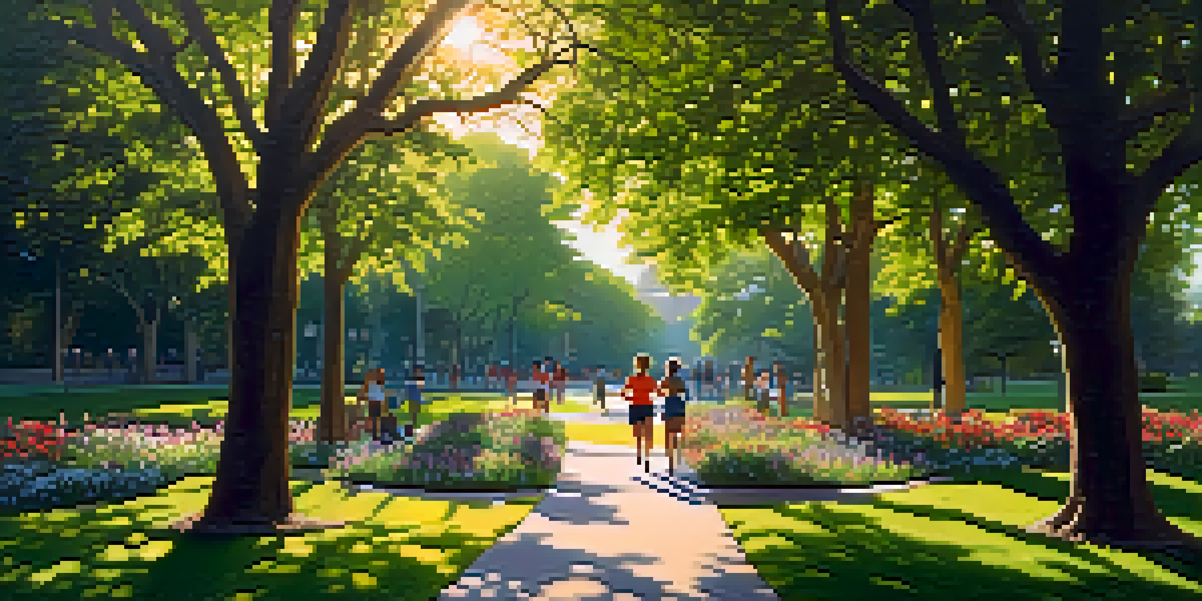 A diverse group of people jogging in a park during sunset, with trees and flowers in the background.