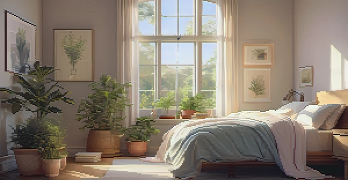 A cozy bedroom with a neatly made bed, pastel-colored bedding, and warm sunlight streaming through a large window, illuminating a stack of books and potted plants nearby.