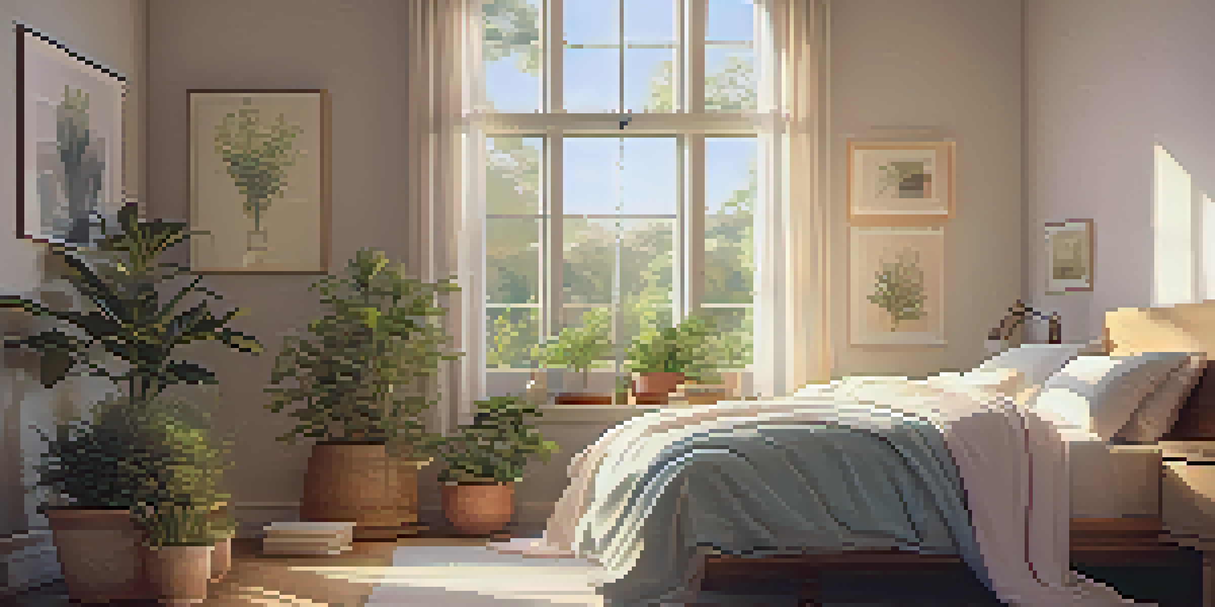 A cozy bedroom with a neatly made bed, pastel-colored bedding, and warm sunlight streaming through a large window, illuminating a stack of books and potted plants nearby.