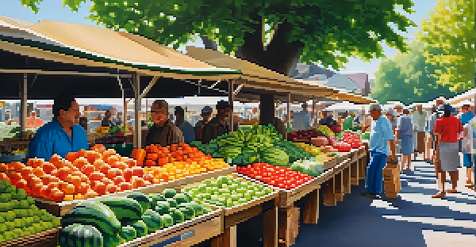 A bustling market with bright organic fruits and vegetables, sunlight filtering through trees and people interacting with farmers.