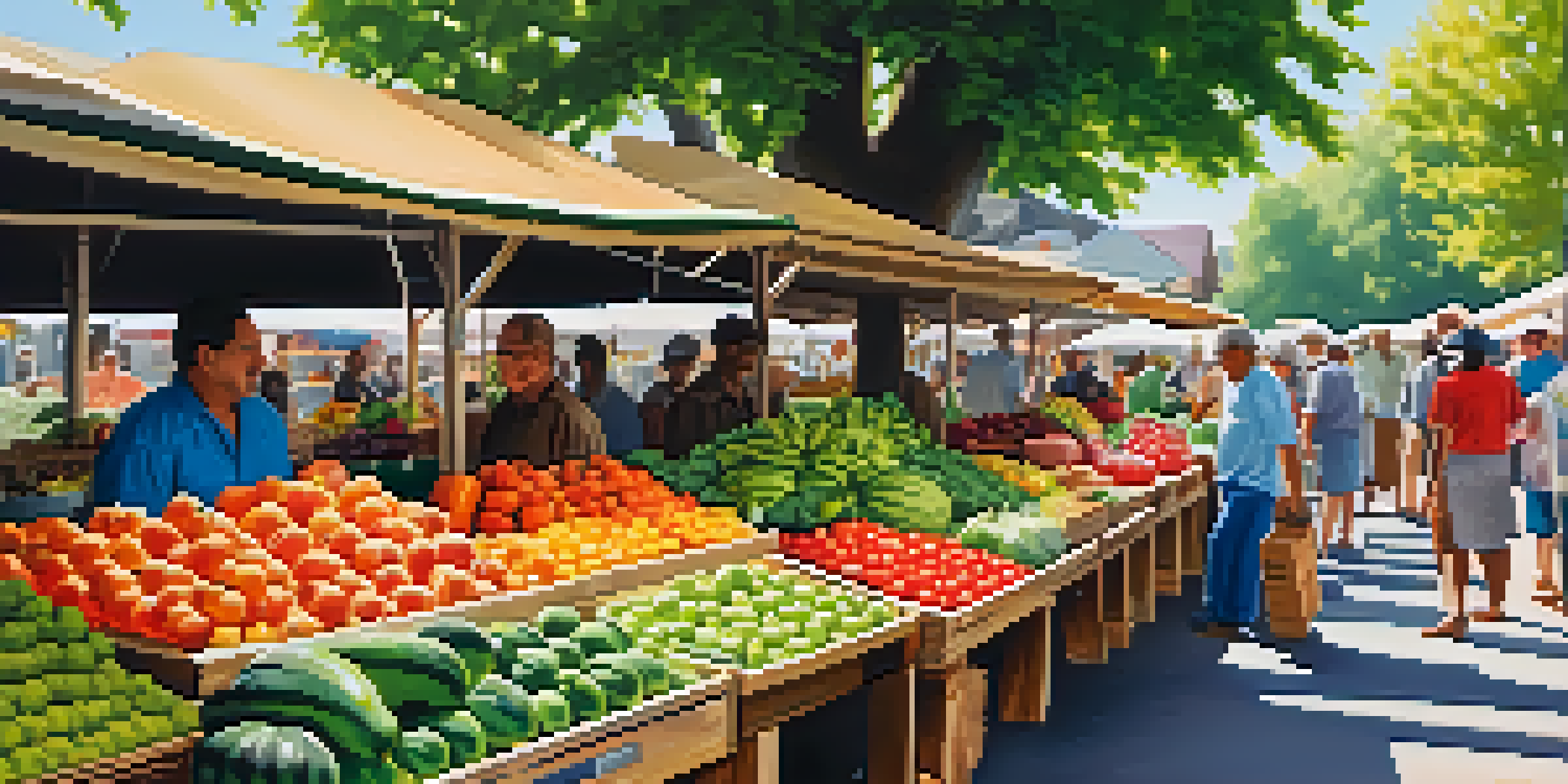A bustling market with bright organic fruits and vegetables, sunlight filtering through trees and people interacting with farmers.
