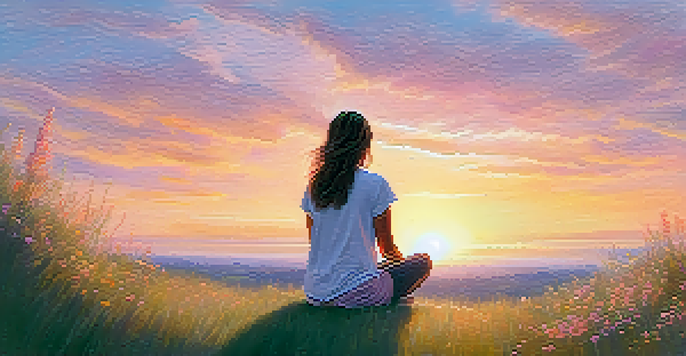 A person meditating on a grassy hilltop at sunrise, with a calm expression and surrounded by wildflowers.