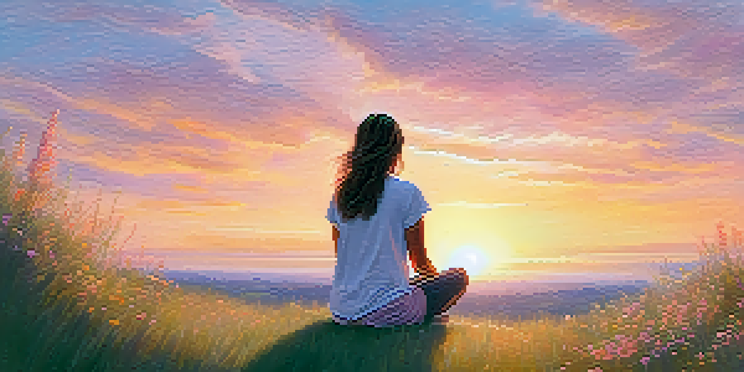 A person meditating on a grassy hilltop at sunrise, with a calm expression and surrounded by wildflowers.