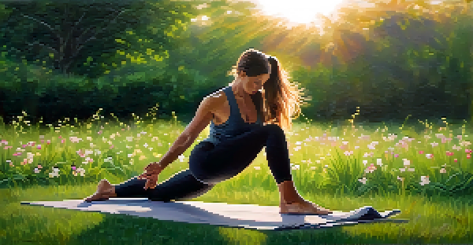 An athlete doing yoga in a tranquil outdoor setting during sunrise, with vibrant flowers and lush greenery around.