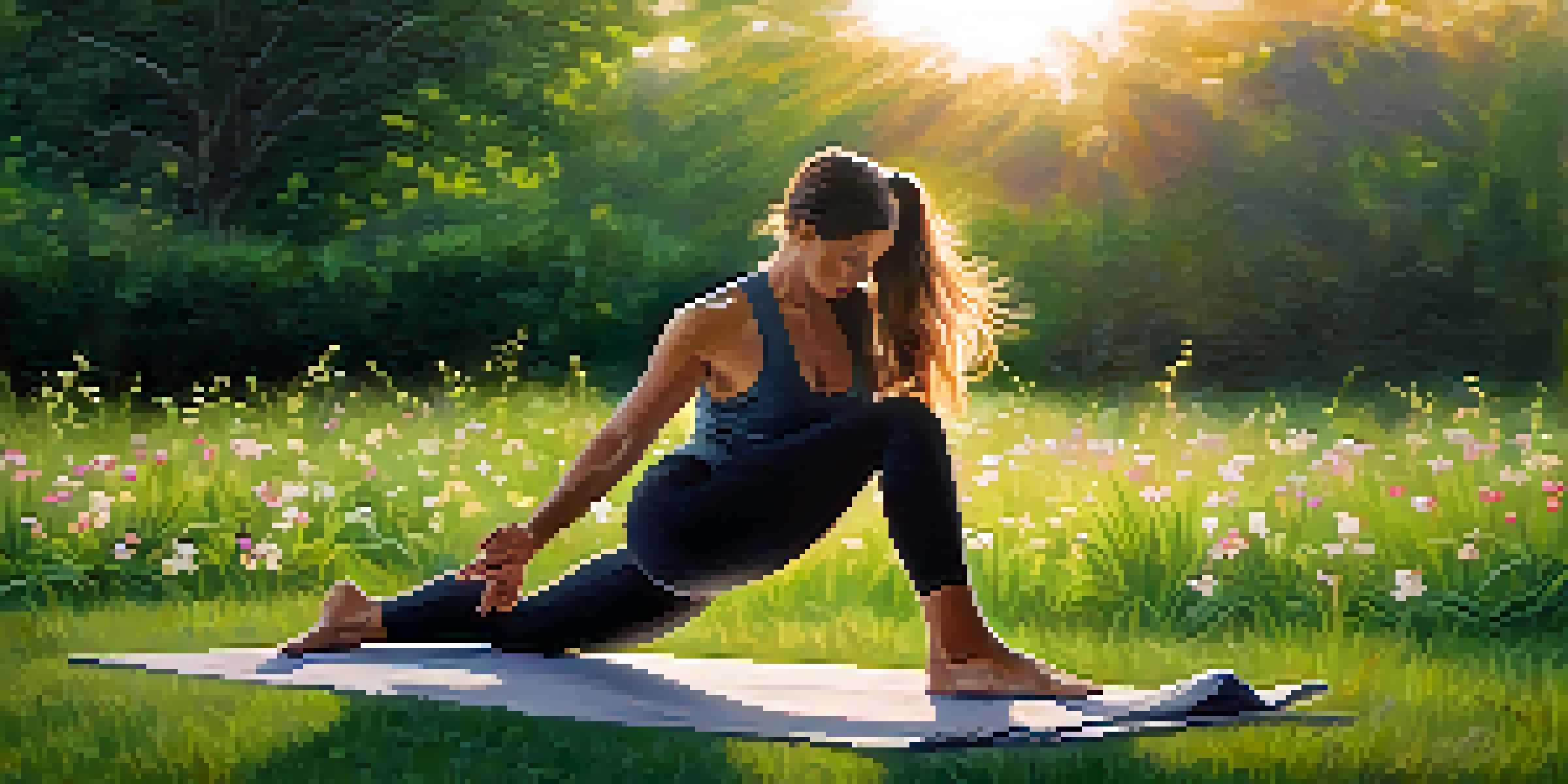 An athlete doing yoga in a tranquil outdoor setting during sunrise, with vibrant flowers and lush greenery around.