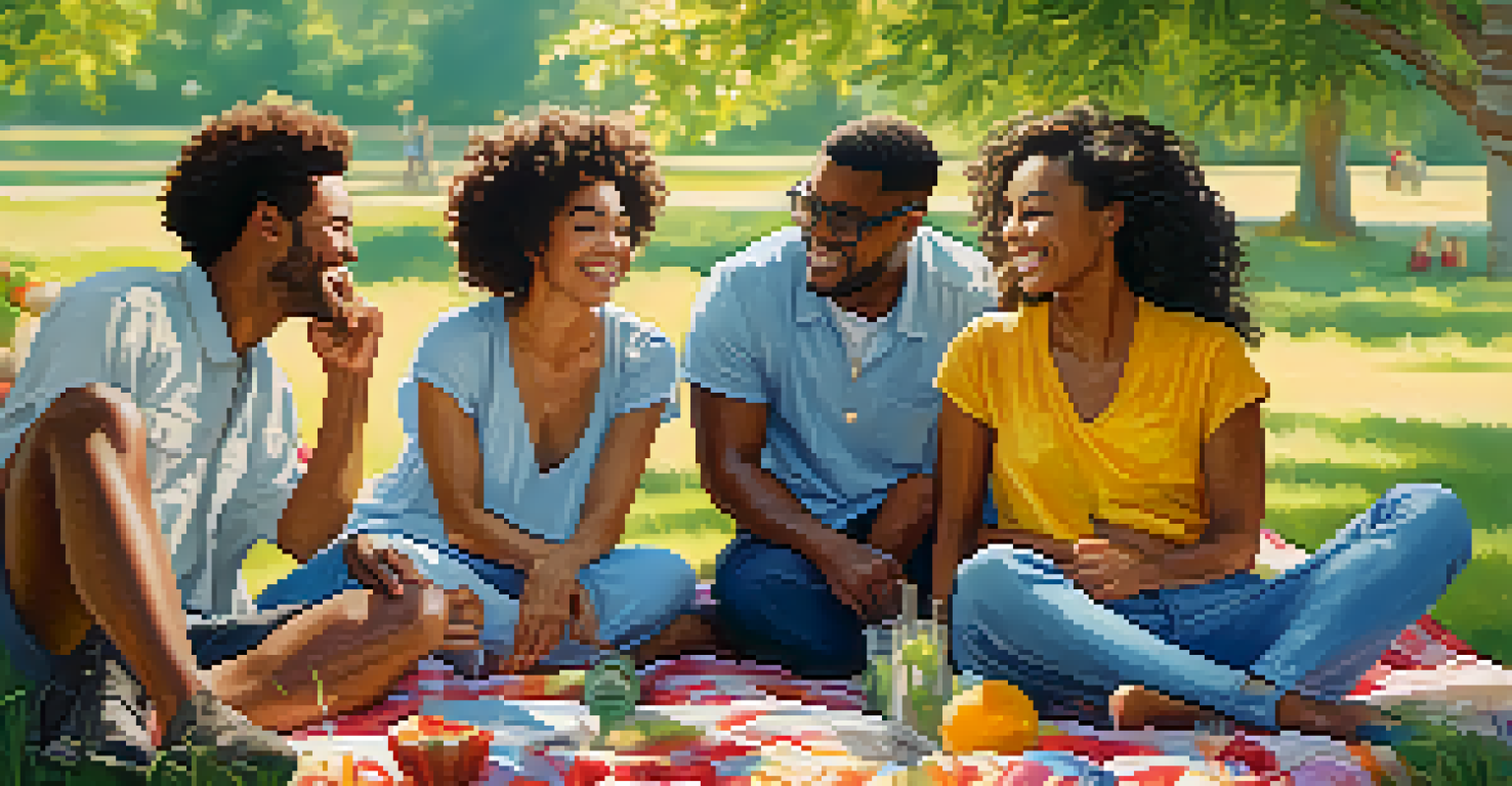 A group of friends enjoying a picnic in a sunny park, laughing and talking together.