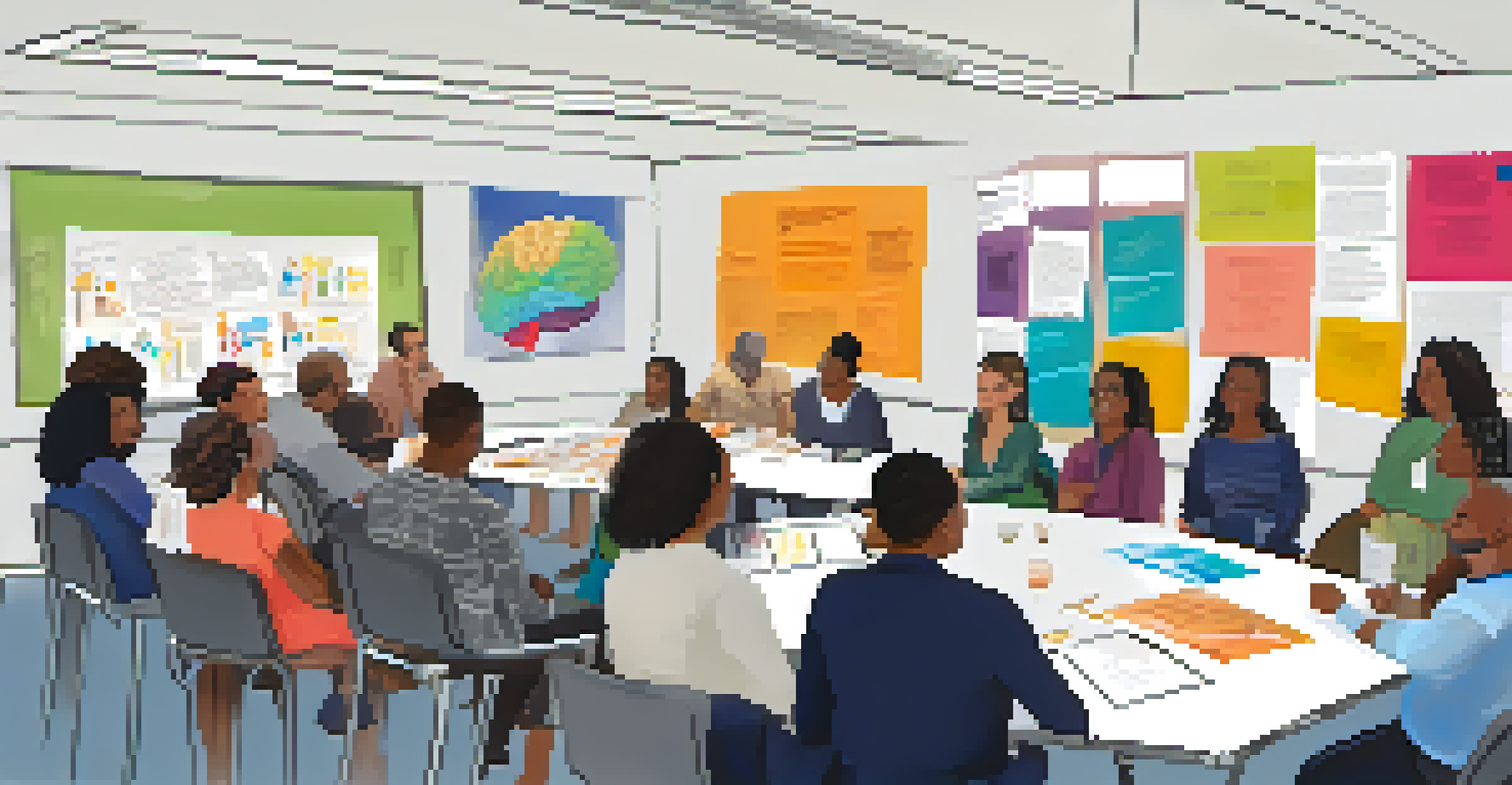 A community workshop with participants discussing cognitive health, surrounded by posters and a facilitator at the front.