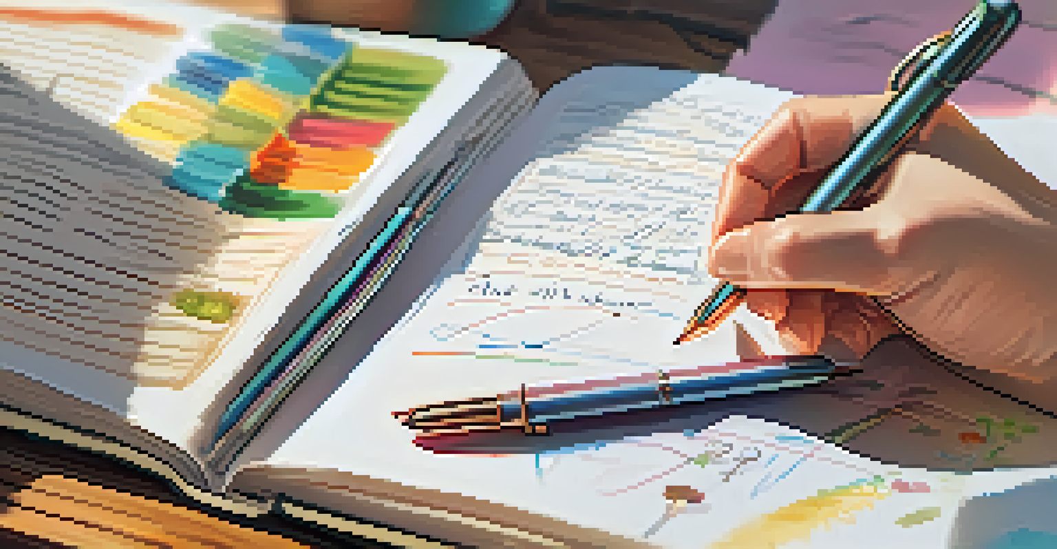 A close-up of a hand writing in a food journal with healthy food and a glass of water on the table.