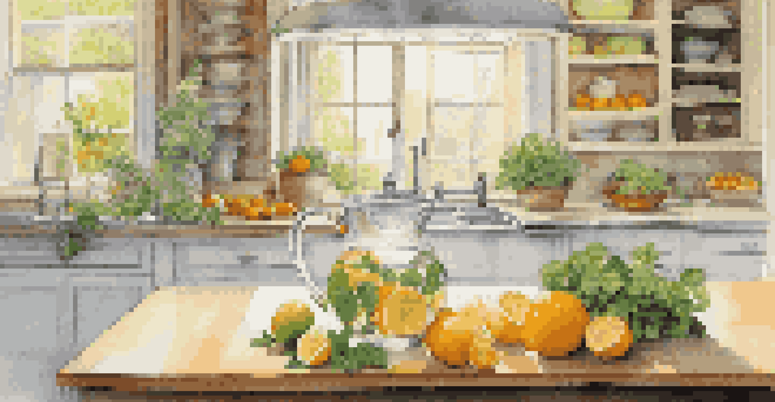 A glass pitcher of citrus-infused water surrounded by fresh fruits and vegetables on a kitchen countertop.