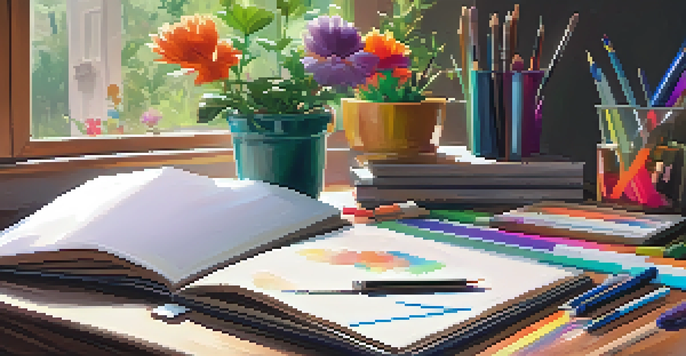 A cozy desk with a sketchbook and art supplies, illuminated by warm light, with a garden view outside the window.