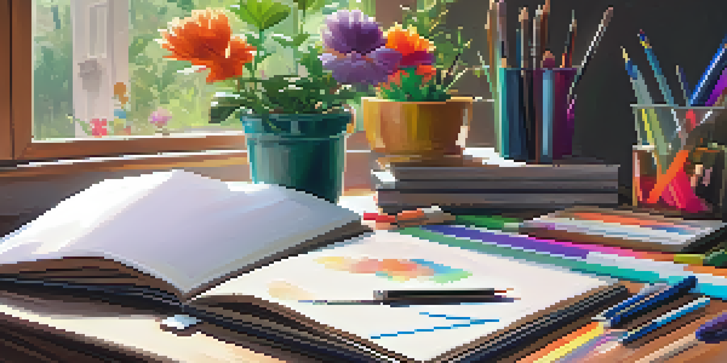 A cozy desk with a sketchbook and art supplies, illuminated by warm light, with a garden view outside the window.