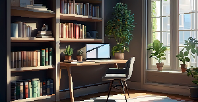 A cozy home office with a wooden desk, laptop, coffee mug, and a potted plant, illuminated by soft morning light.