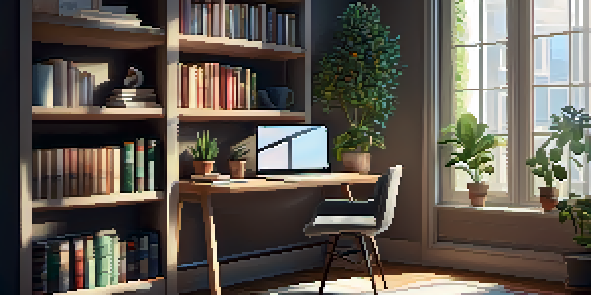 A cozy home office with a wooden desk, laptop, coffee mug, and a potted plant, illuminated by soft morning light.
