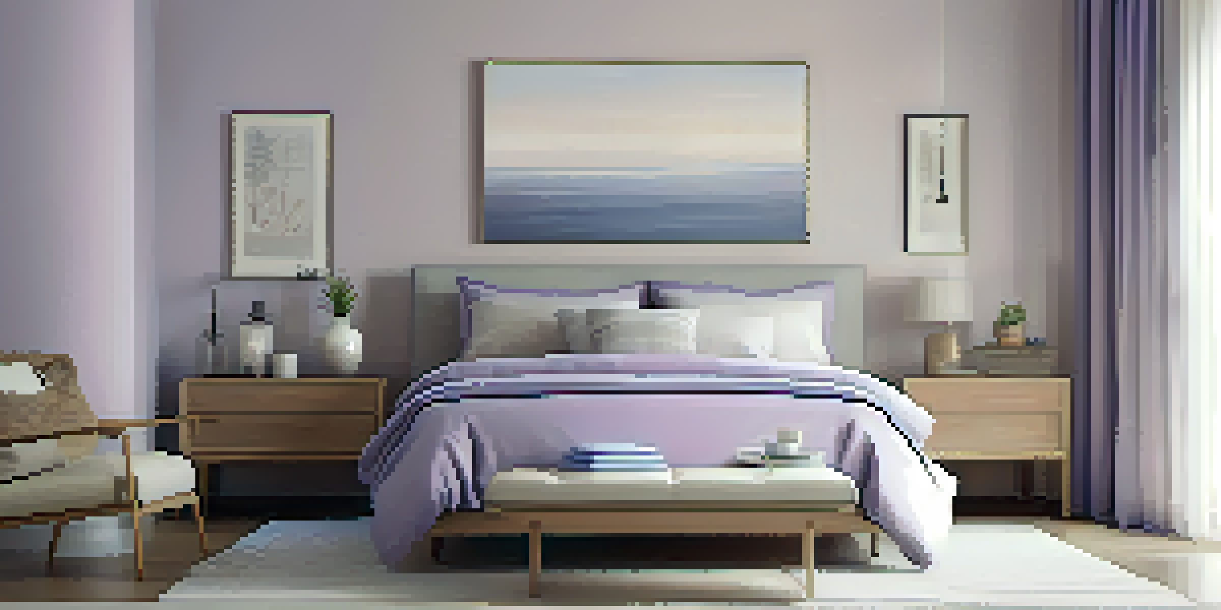 A peaceful bedroom with a neatly made bed, soft pastel colors, and natural light, designed for relaxation and better sleep.