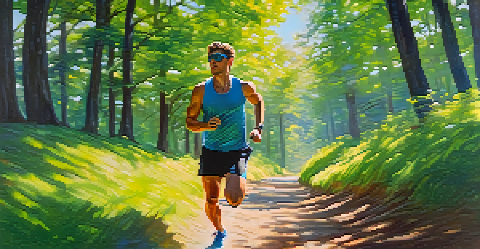 An athlete running on a sunny trail, wearing headphones, surrounded by a lush green landscape, showcasing energy and motivation.
