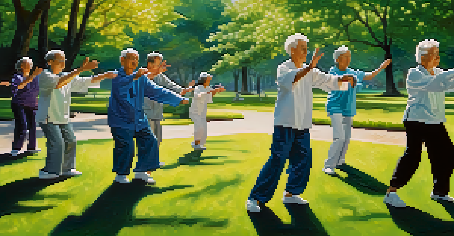 Seniors practicing Tai Chi in a green park, showcasing their slow movements and peaceful expressions under filtered sunlight.
