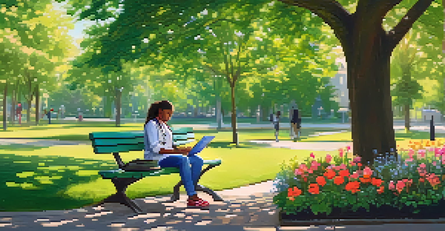 A person sitting on a park bench having a telehealth session on their tablet, surrounded by blooming flowers and sunlight.