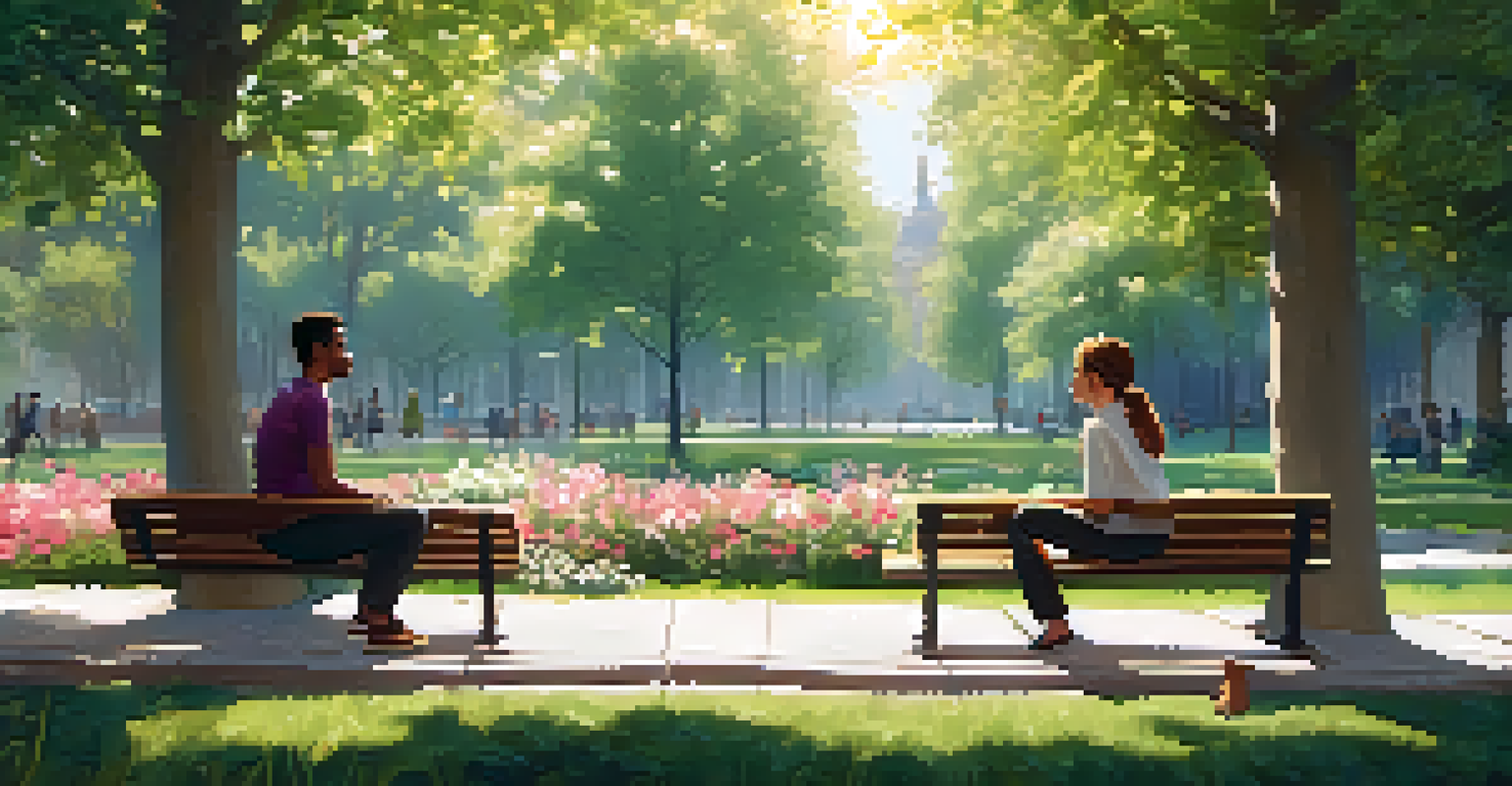 Two individuals on a park bench engaging in active listening with flowers and trees around them.