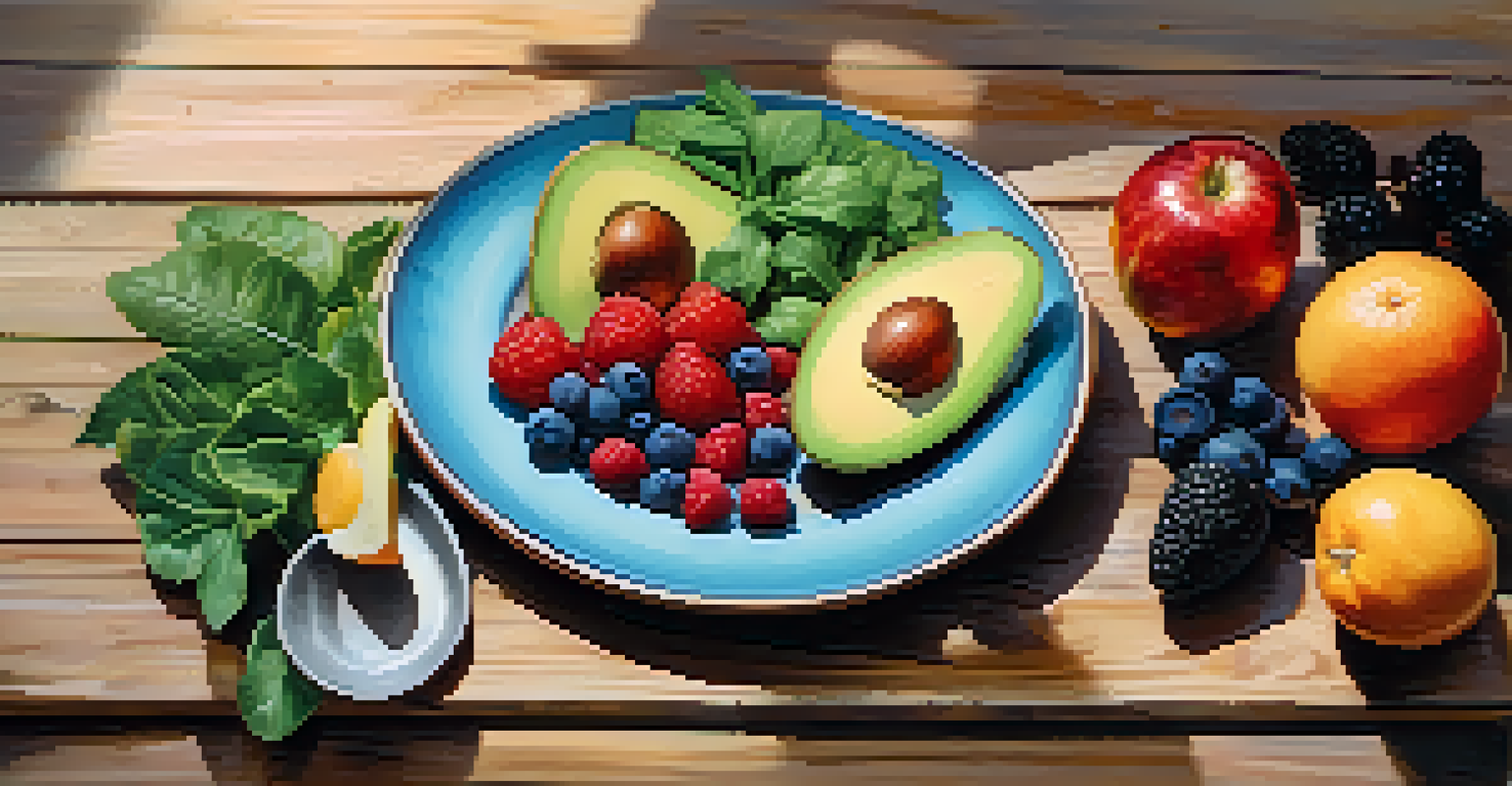 A healthy plate of colorful fruits and vegetables arranged beautifully on a wooden table.