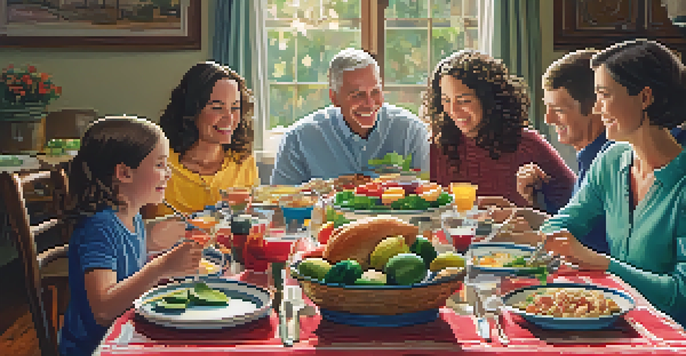 A family enjoying a meal together at a dining table, smiling and sharing food.