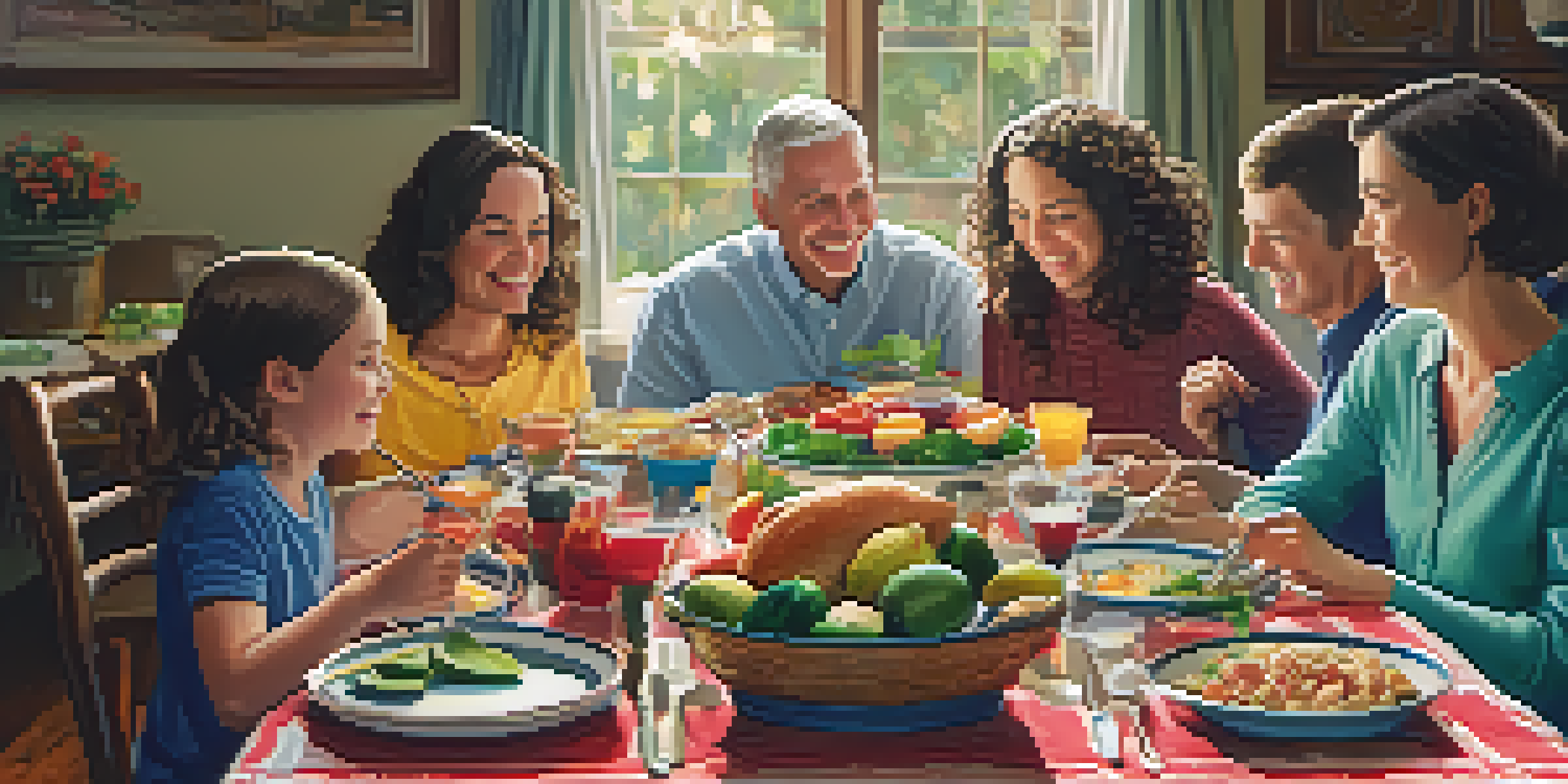 A family enjoying a meal together at a dining table, smiling and sharing food.