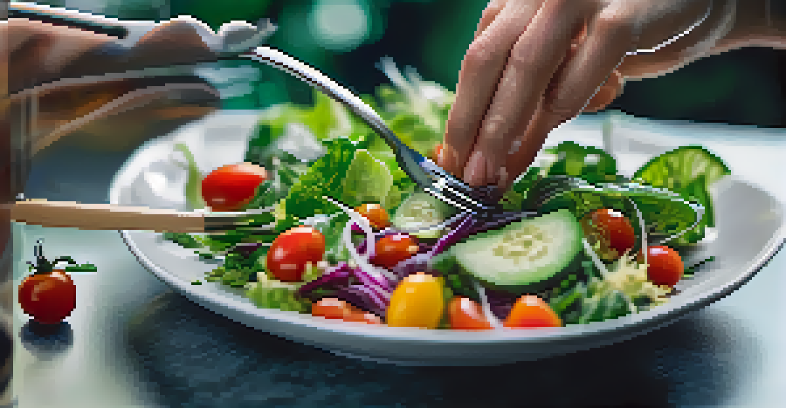 A close-up of a hand holding a fork with a vibrant salad, emphasizing mindful eating and freshness.