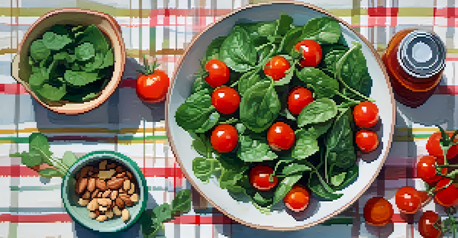 A flat-lay of a healthy salad bowl filled with fresh vegetables and nuts on a table.