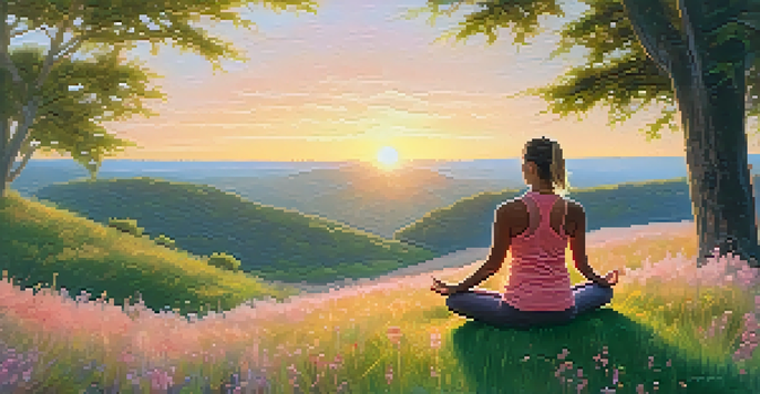 A person practicing yoga on a grassy hilltop during sunrise, surrounded by trees and wildflowers.