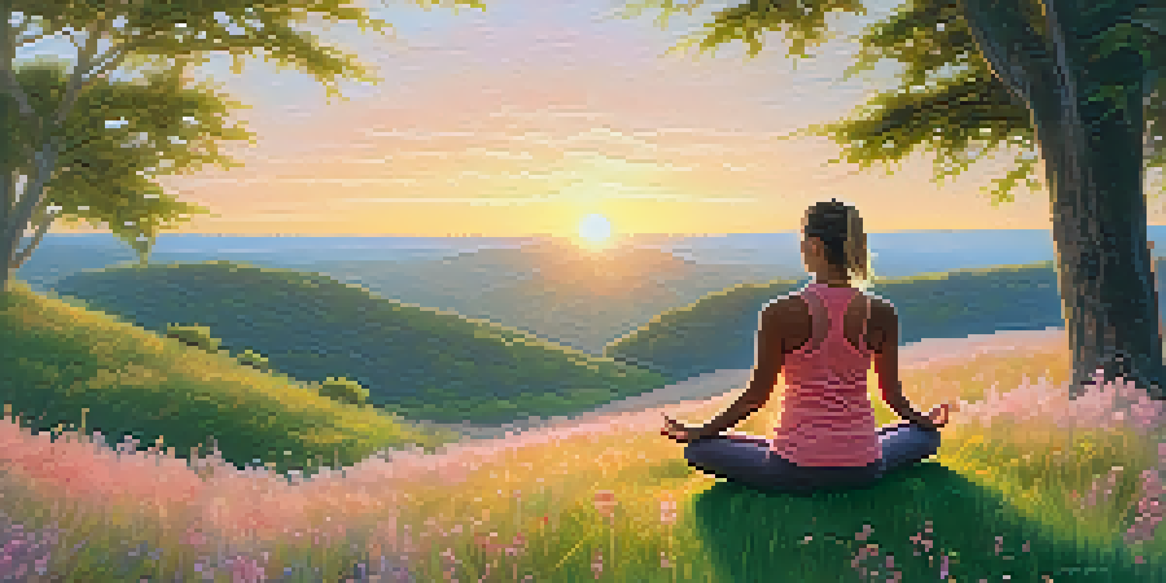 A person practicing yoga on a grassy hilltop during sunrise, surrounded by trees and wildflowers.