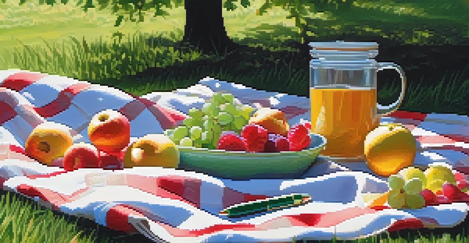 An outdoor journaling setup on a picnic blanket under a tree, with a journal, colored pens, and a basket of fruits, illuminated by dappled sunlight.