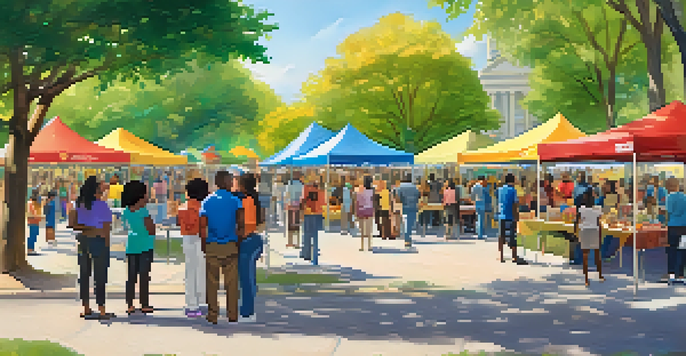 A community health fair in a park with diverse individuals engaging at colorful booths and banners promoting health equity.