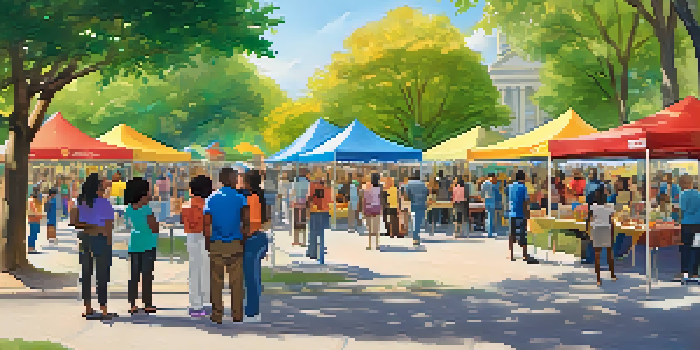 A community health fair in a park with diverse individuals engaging at colorful booths and banners promoting health equity.